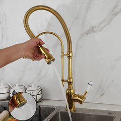 KEMAIDI Golden Spring Pull Down Kitchen Sink Faucet Hot & Cold Mixer Crane Tap with Dual Spout Deck Mounted Hot Cold Faucets