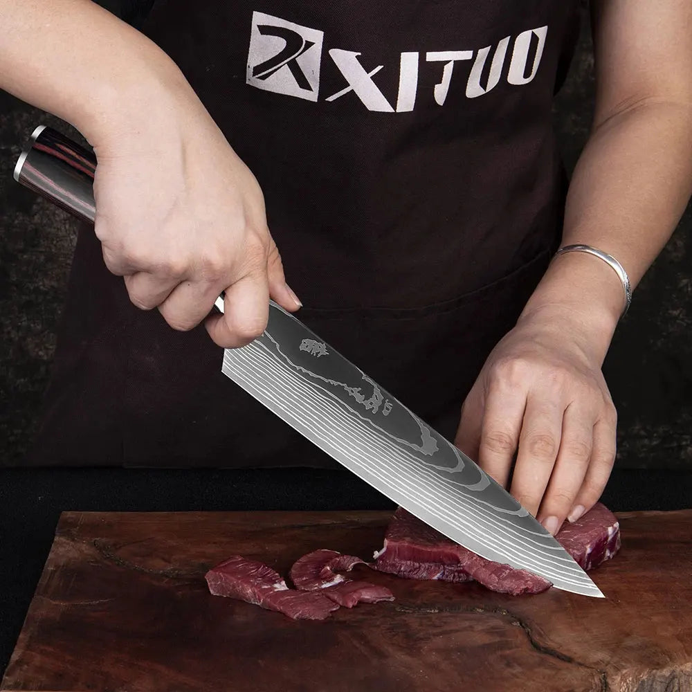 XITUO Kitchen Knife Set Meat Cleaver Chef Knives Stainless Steel Santoku Fruit Vegetable Knife Damascus Pattern Cooking Cutter