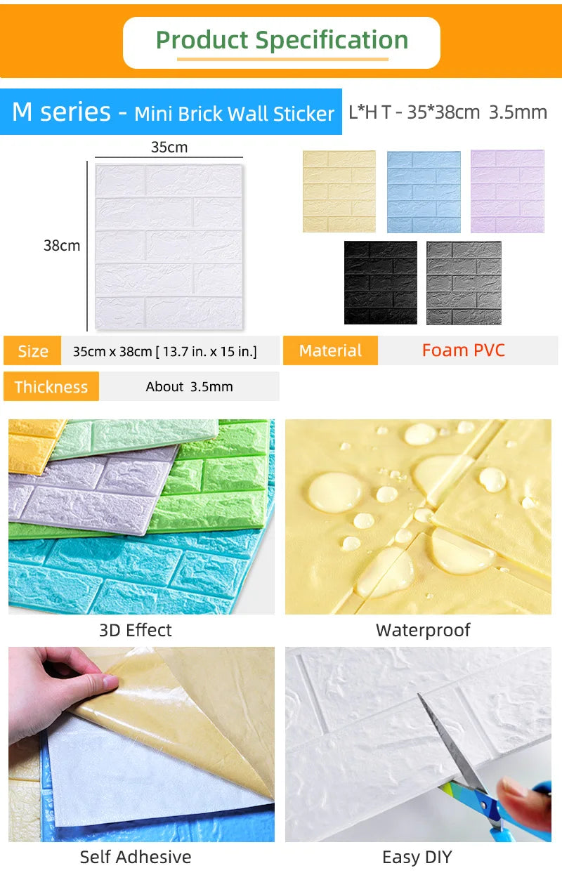 KPS 20Pcs/Lot 3D Foam Self-Adhesive Wallpapers Waterproof 3D Wall Stickers Brick For Kitchen Kids Room Living Room 35*38cm