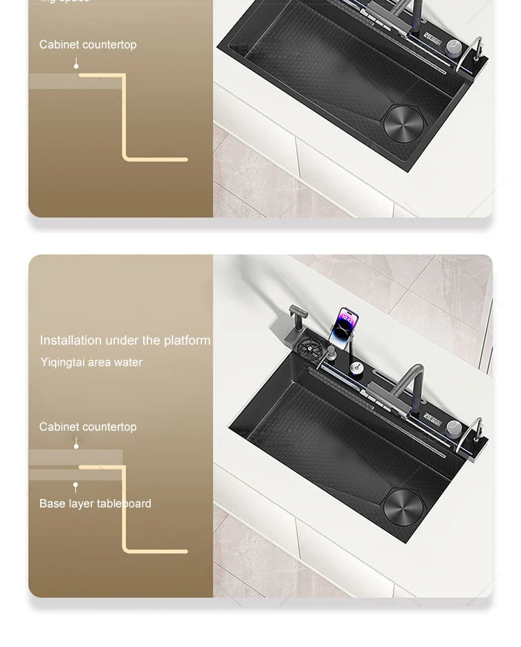 New Digital Display Waterfall Sink Stainless Steel Kitchen Sink Embossed Large Single Slot Wash Basin With Smartphone Holder