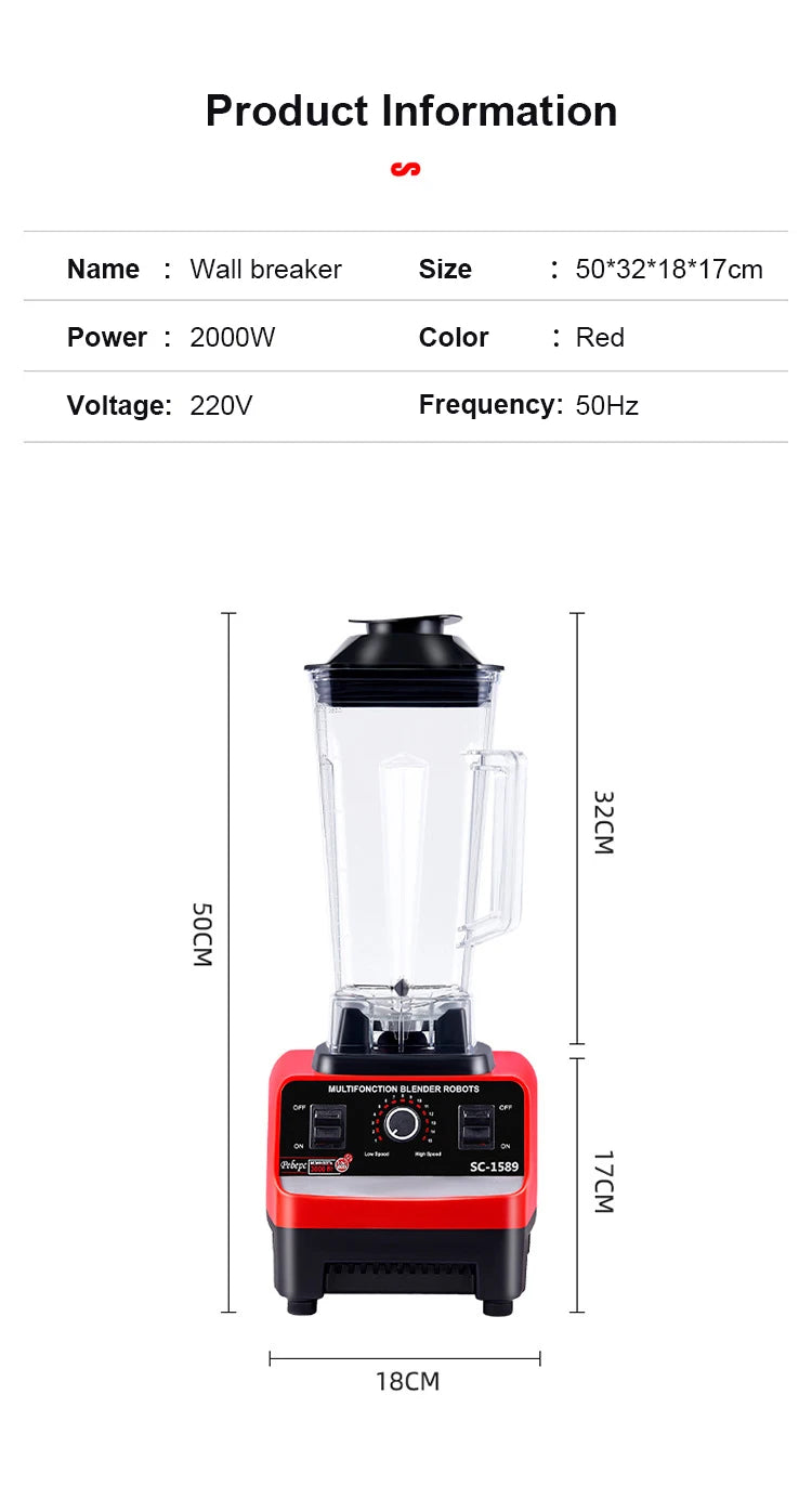 2000W Heavy Duty Commercial Blender 6 Blades Mixer Juicer Food Processor Ice Smoothies Blender High Power Juice maker Crusher