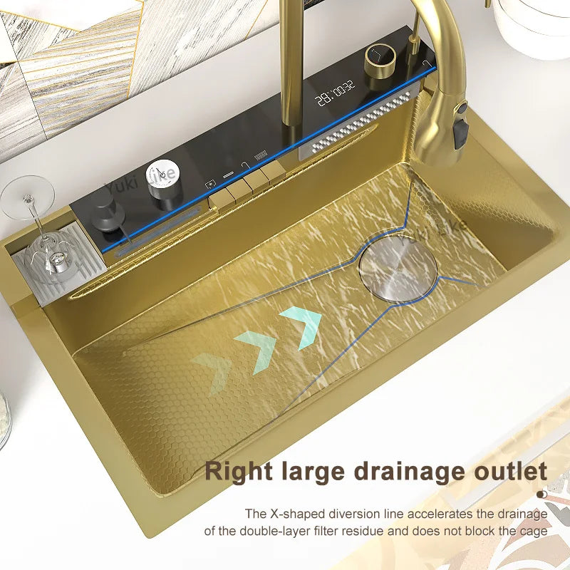 Golden Double Waterfall Sink Stainless Steel Kitchen Sink Embossed Large Single Slot Wash Basin Washing Pond For Kitchen