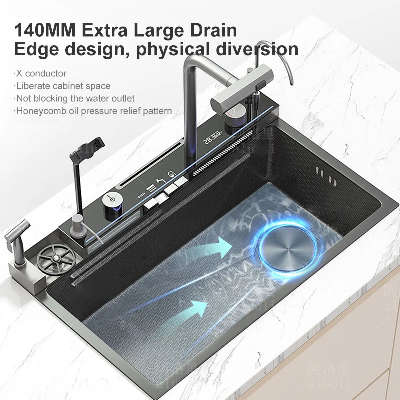 Waterfall Kitchen Sink  Single-Slot with intelligent Mobile phone holder Stainless Steel Pull-Out Faucet,Smart Honeycomb embosse