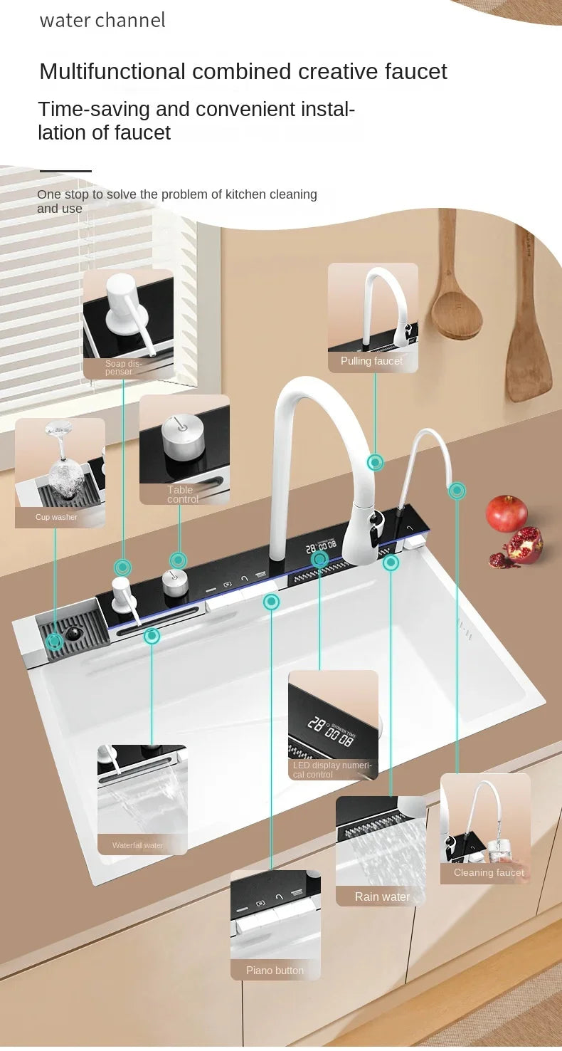 White Nano Multifunctional Kitchen Sink 304 Stainless Steel Large Single Sink Integrated Kitchen Digital Waterfall Faucet