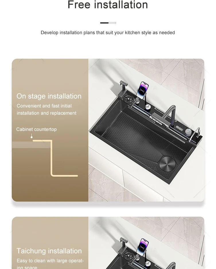 Stainless Steel  Kitchen Waterfall Sink Hand Basin Scratch Resistant Embossed Single Slot Wash Basin With Smartphone Holder