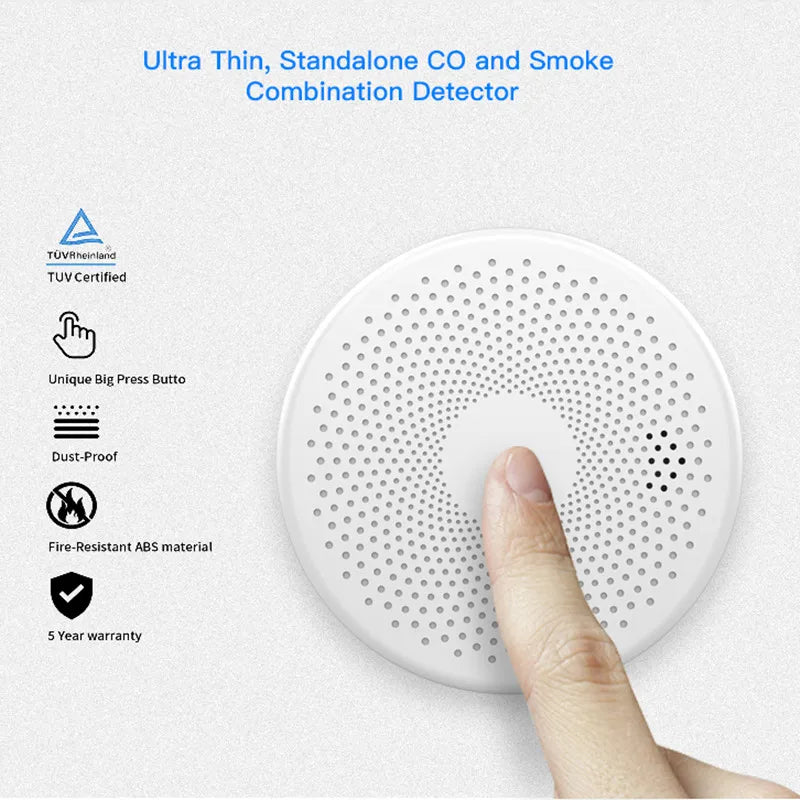 2 in 1 Version WiFi Tuya Smart Co & Smoke Detector Alarm Carbon Monoxide Parlor Room Kitchen Shop Fire PIR Sound Sensor Alert