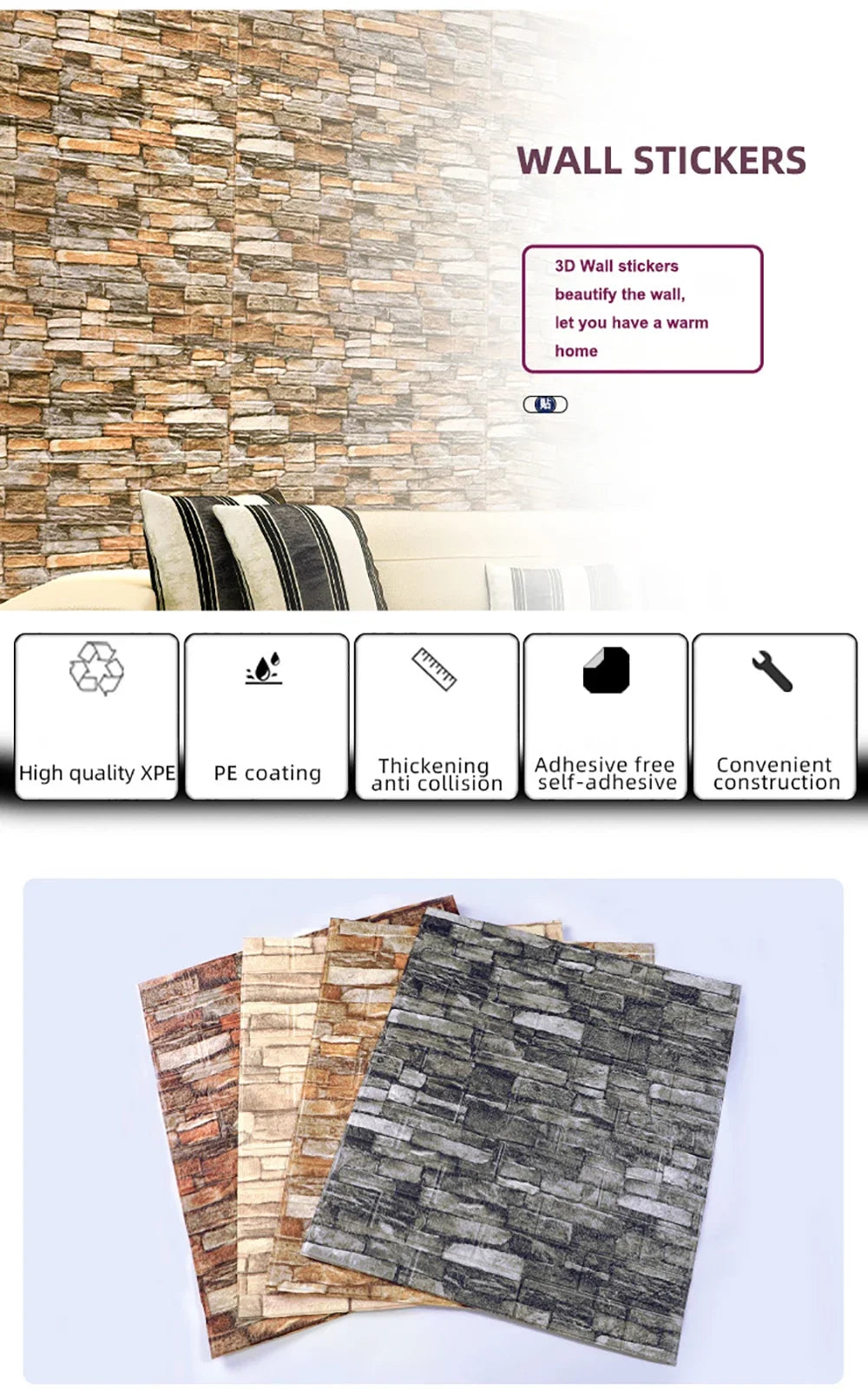 10Pcs 3D Brick Wall Stickers Decor Foam Waterproof Wall Covering Wallpaper for Kids LivingRoom DIY TV Background Wall Decoration