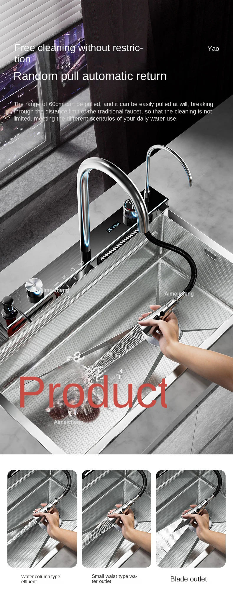 Silver 5.0MM Nano 304 Stainless Steel Digital Display Waterfall Sink Multifunctional Vegetable Washing Pool Integrated faucet