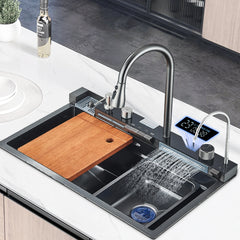 Nano Kitchen Sink 201 Stainless Steel Kitchen Waterfall Sink Digital Display Large Single Sink Dish Basin Sink With Faucet