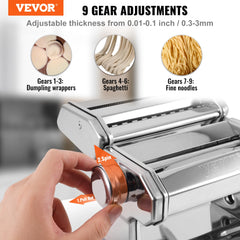 VEVOR Pasta Maker Machine, 9 Adjustable Thickness Settings Noodles Maker,Stainless Steel Rollers and Cutter, Manual Hand Press