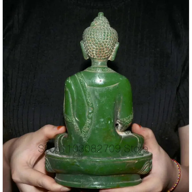 8.8" Old Natural Green Jade Carved Tibet Shakyamuni Amitabha Buddha Lotus Statue