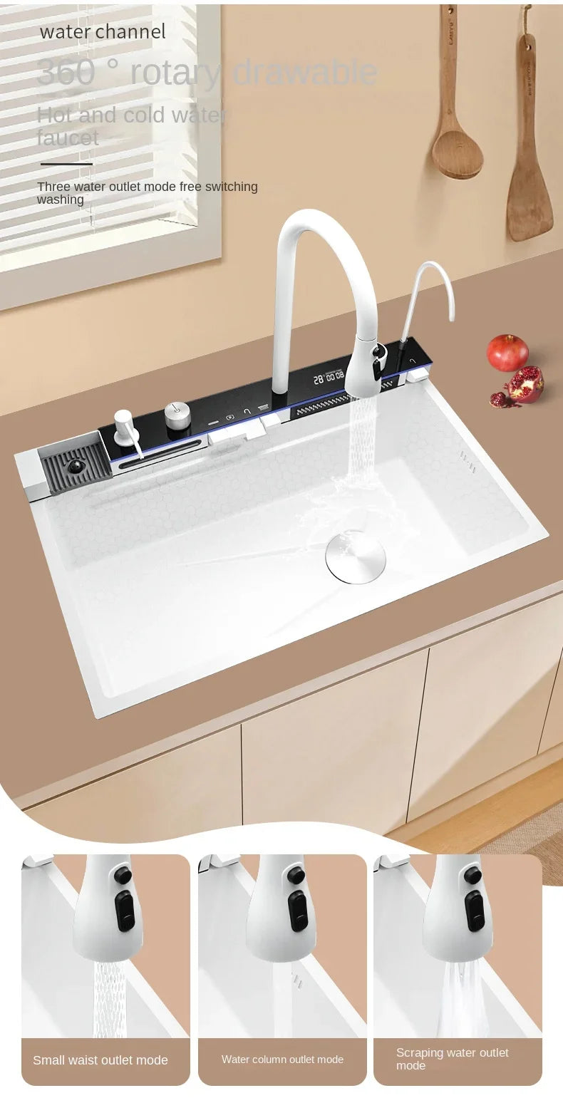 White Nano Multifunctional Kitchen Sink 304 Stainless Steel Large Single Sink Integrated Kitchen Digital Waterfall Faucet