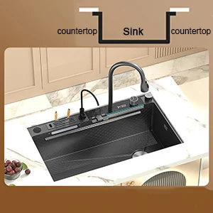 Waterfall Kitchen Sink Digital Display Single Bowl Kitchen Sinks Multifunctional Mordern Smart Sinks with Two Waterfall