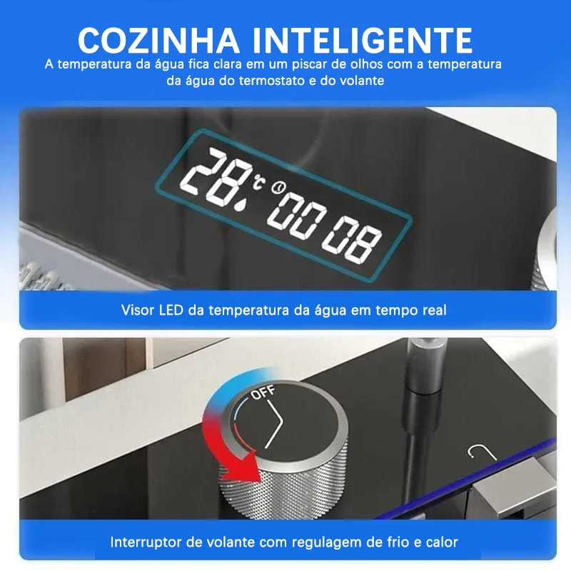 Kit Cuba Gourmet Kitchen Stainless Steel w/ Black Flexible Tap LED Temperature Display 75x45x20 cm