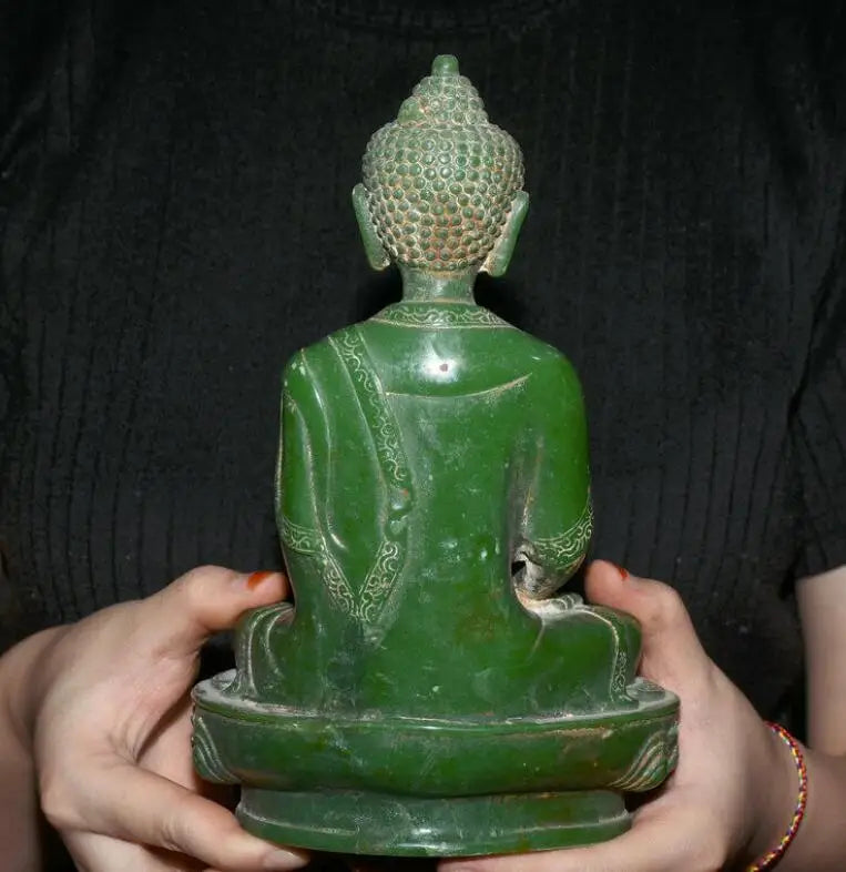 8.8" Old Natural Green Jade Carved Tibet Shakyamuni Amitabha Buddha Lotus Statue