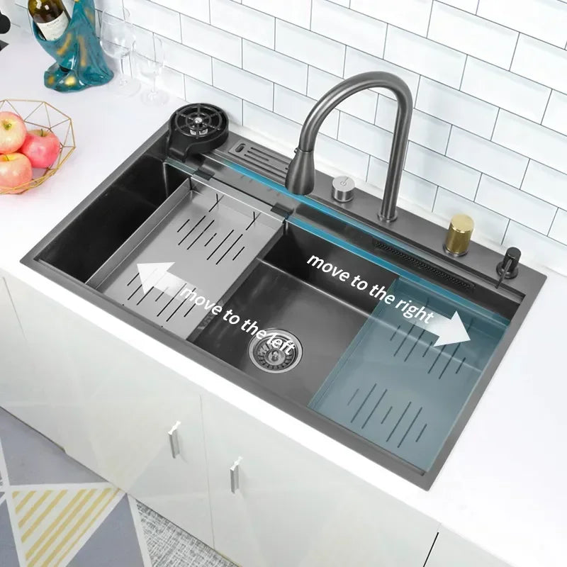 Waterfall Kitchen Sink Nano 304 Stainless Steel Large Single Slot Above Mount Apron Front Waterfall Faucet Vegetable Basin