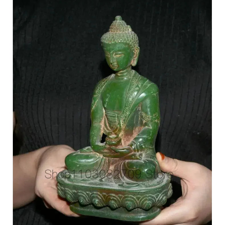 8.8" Old Natural Green Jade Carved Tibet Shakyamuni Amitabha Buddha Lotus Statue