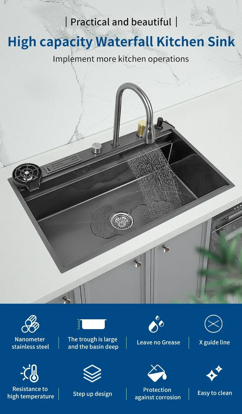 Waterfall Kitchen Sink Nano 304 Stainless Steel Large Single Slot Above Mount Apron Front Waterfall Faucet Vegetable Basin