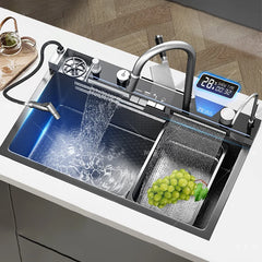 New Stainless Steel Kitchen Sink Embossed Large Single Slot With Waterfall Faucet Multifunctional Washbasin Above Counter