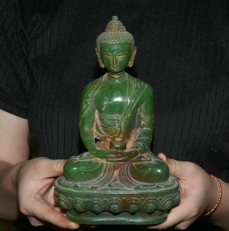 8.8" Old Natural Green Jade Carved Tibet Shakyamuni Amitabha Buddha Lotus Statue