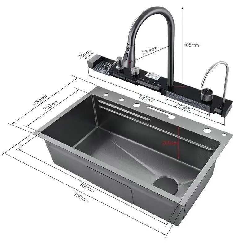 Kit Cuba Gourmet Kitchen Stainless Steel w/ Black Flexible Tap LED Temperature Display 75x45x20 cm