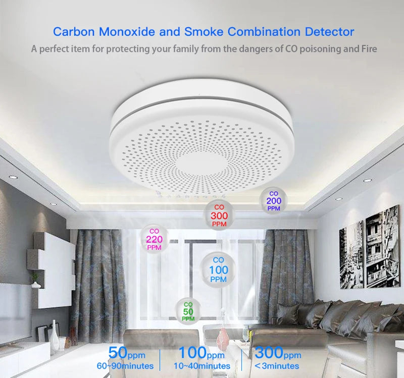 2 in 1 Version WiFi Tuya Smart Co & Smoke Detector Alarm Carbon Monoxide Parlor Room Kitchen Shop Fire PIR Sound Sensor Alert