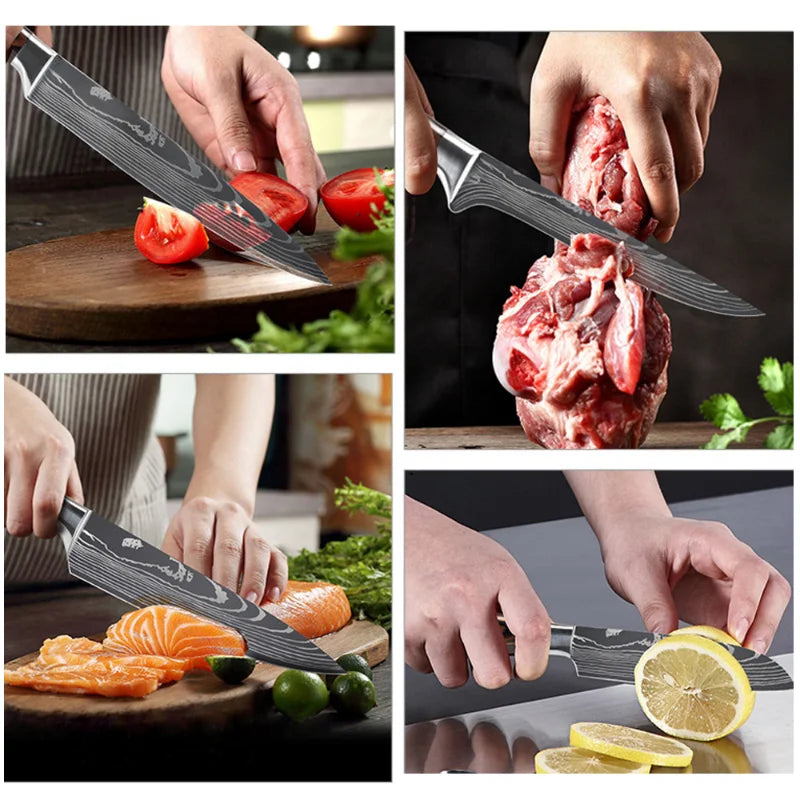 Chef knife 1-10Pcs Set Laser Damascus Pattern Kitchen Knives Sharp Japanese Santoku Slicing Utility Knife Cleaver Boning Knives