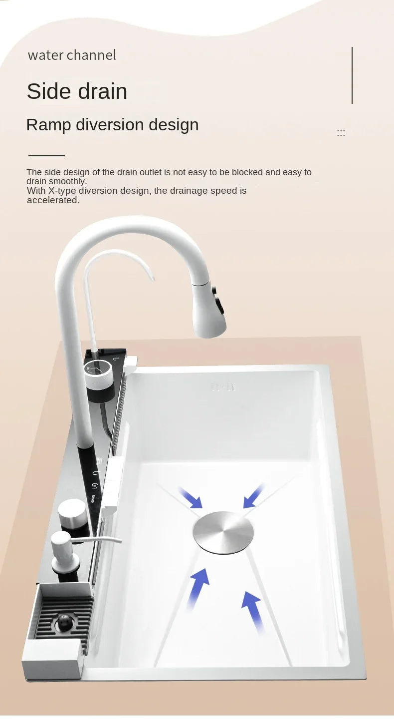 White Nano Multifunctional Kitchen Sink 304 Stainless Steel Large Single Sink Integrated Kitchen Digital Waterfall Faucet