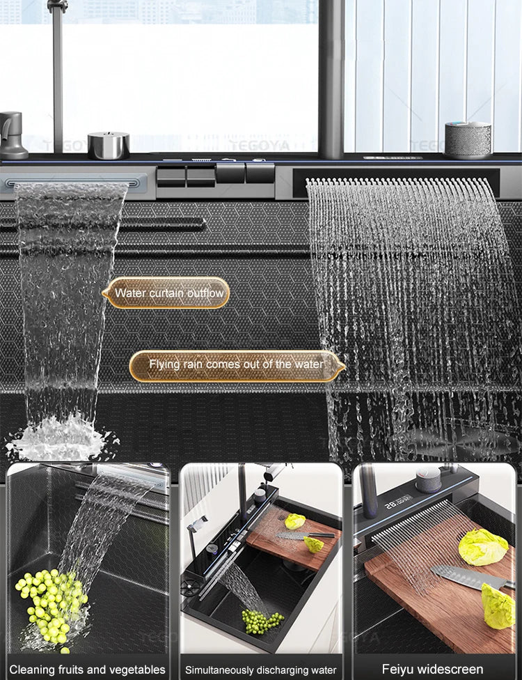 Waterfall Kitchen Sink  Single-Slot with intelligent Mobile phone holder Stainless Steel Pull-Out Faucet,Smart Honeycomb embosse