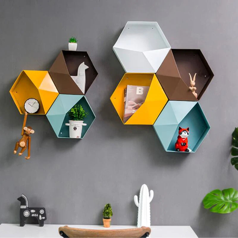 Home Decor Hanging Wall Shelf Flower Pot Shelves Wall Decor Storage Holder Hexagon Storage Box Room Decor Creative Combination