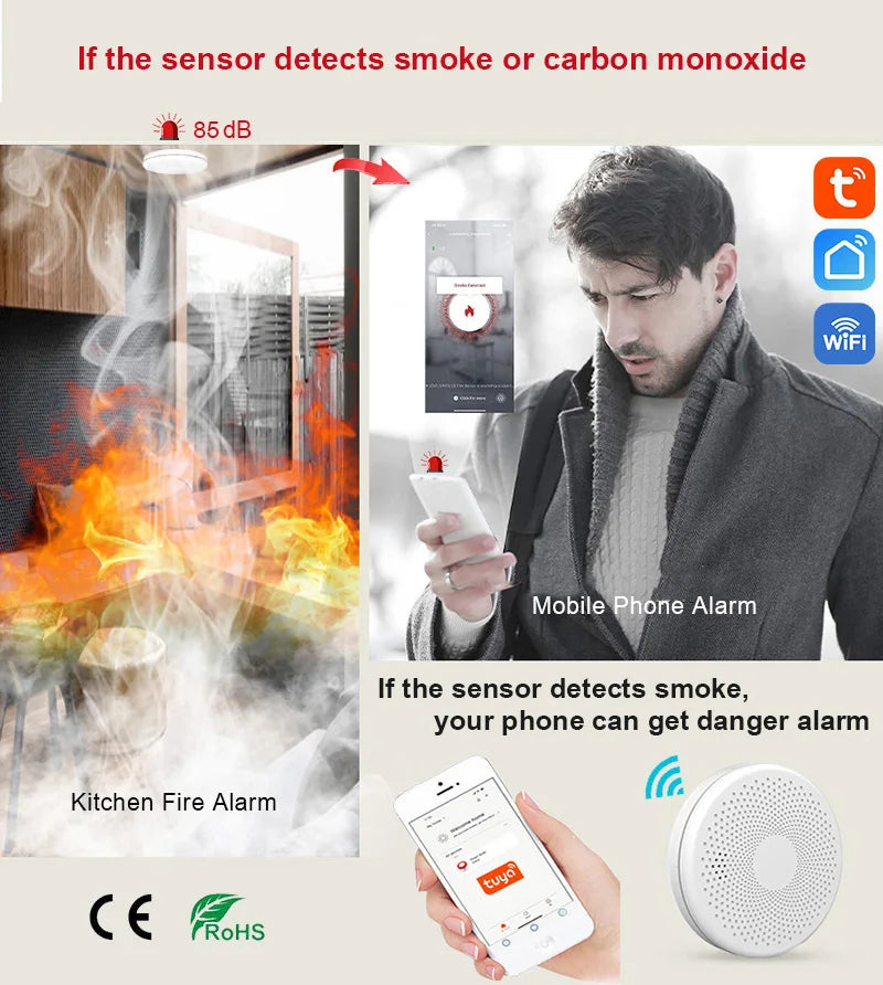 2 in 1 Version WiFi Tuya Smart Co & Smoke Detector Alarm Carbon Monoxide Parlor Room Kitchen Shop Fire PIR Sound Sensor Alert