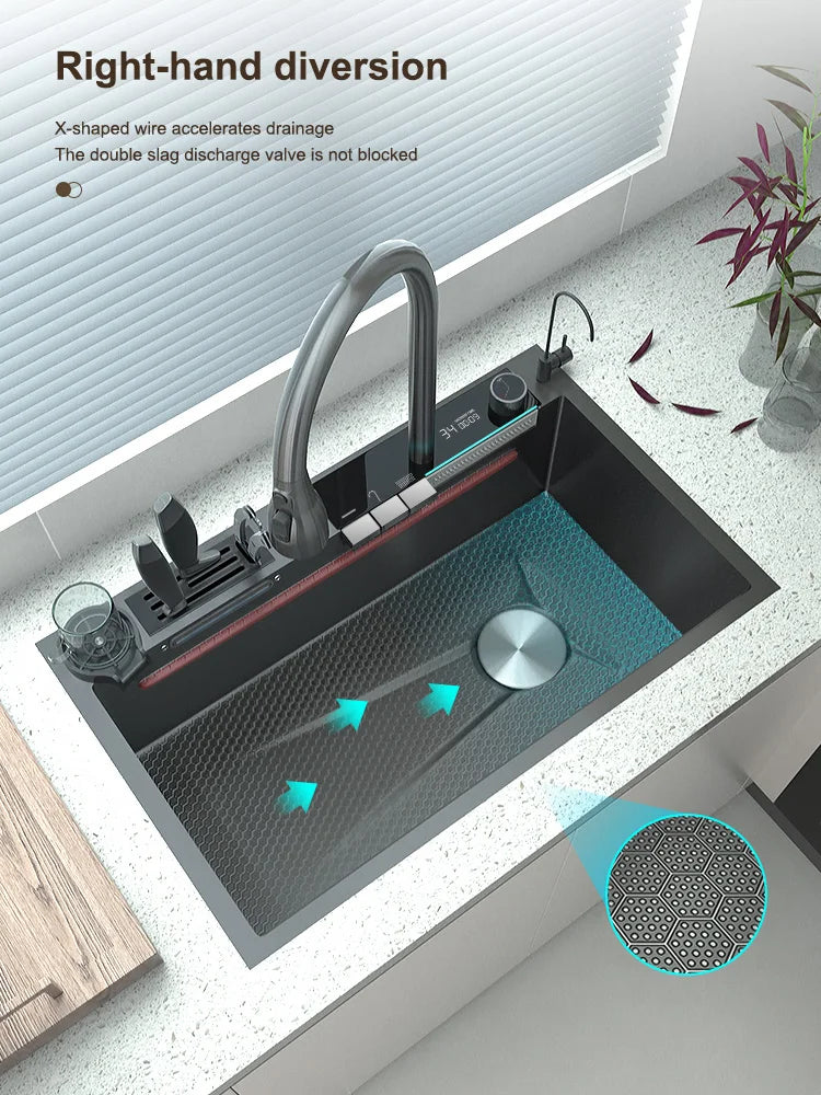 Waterfall Kitchen Sink Digital Display Single Bowl Kitchen Sinks Multifunctional Mordern Smart Sinks with Two Waterfall