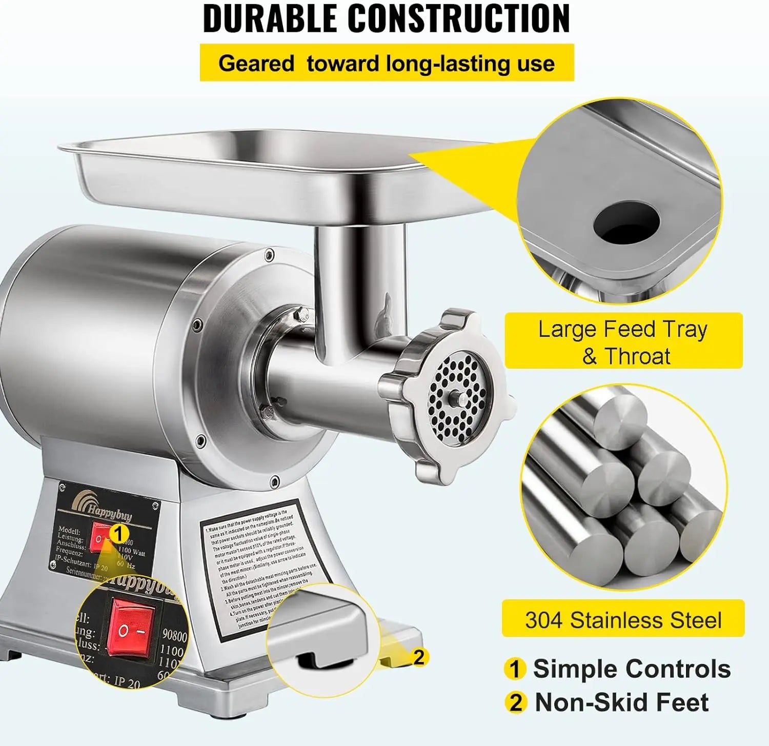 Commercial Meat Grinder,550LB/h 1100W, 220 RPM Heavy Duty Stainless Steel Industrial Meat Mincer w/2 Blades, Grinding P