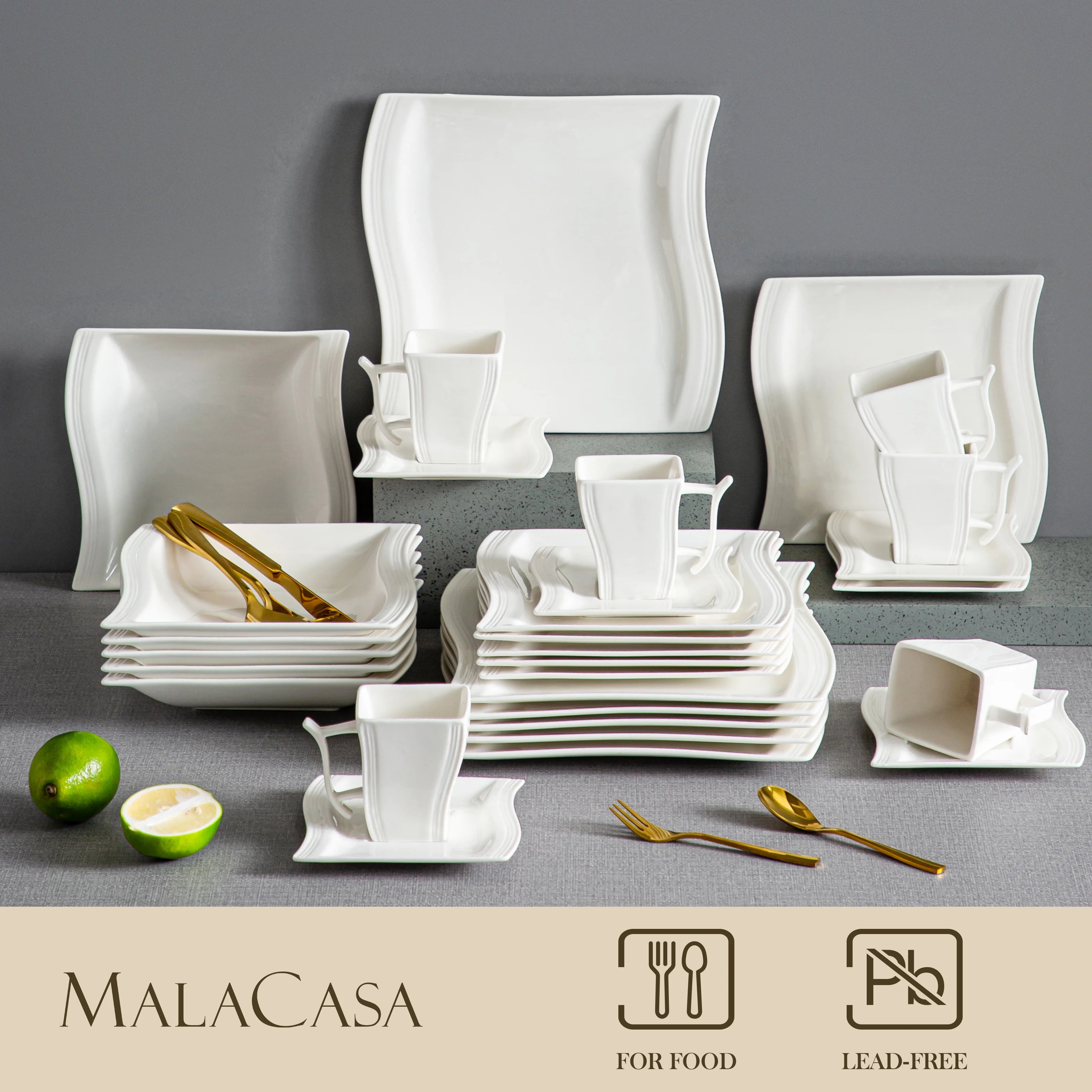 MALACASA FLORA 30/60 Piece White Porcelain Dinner Set with 12*Cup,Saucer,Dessert Soup Dinner Plate Tableware Set for 12 Person