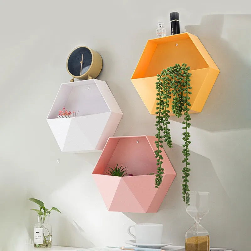 Home Decor Hanging Wall Shelf Flower Pot Shelves Wall Decor Storage Holder Hexagon Storage Box Room Decor Creative Combination