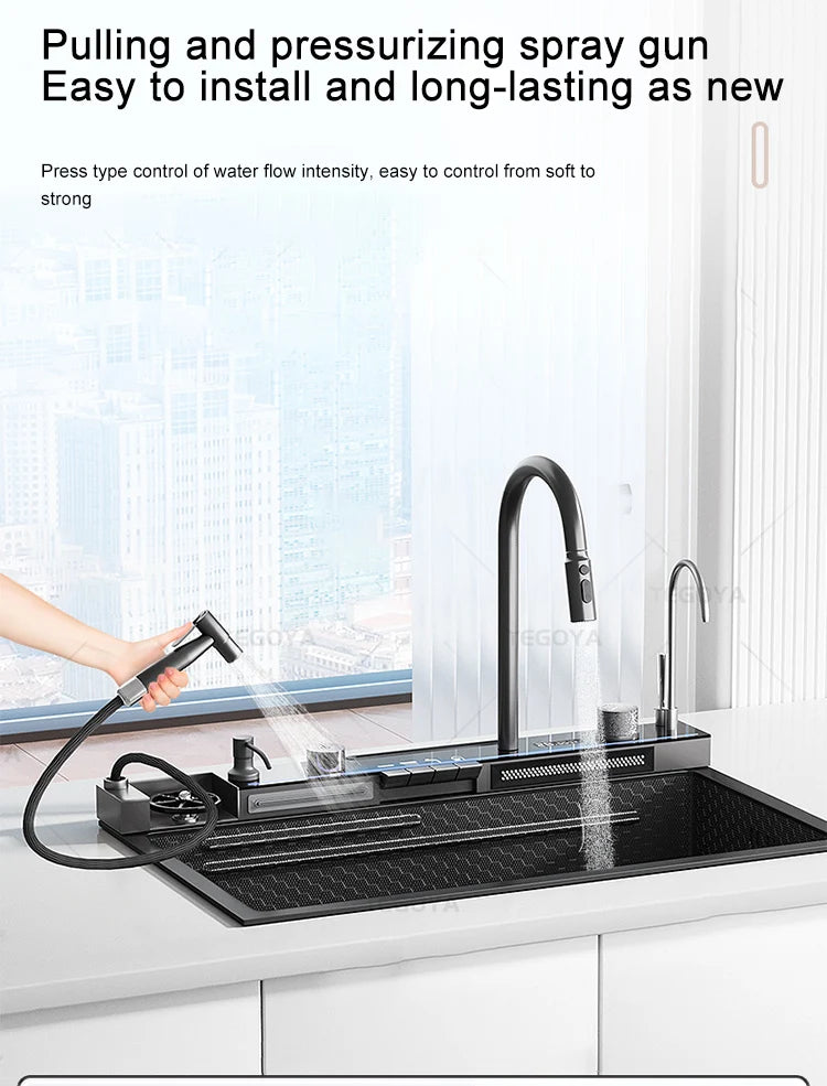 New Stainless Steel Kitchen Sink Embossed Large Single Slot With Waterfall Faucet Multifunctional Washbasin Above Counter