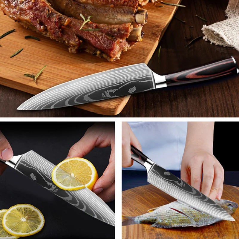 Chef knife 1-10Pcs Set Laser Damascus Pattern Kitchen Knives Sharp Japanese Santoku Slicing Utility Knife Cleaver Boning Knives