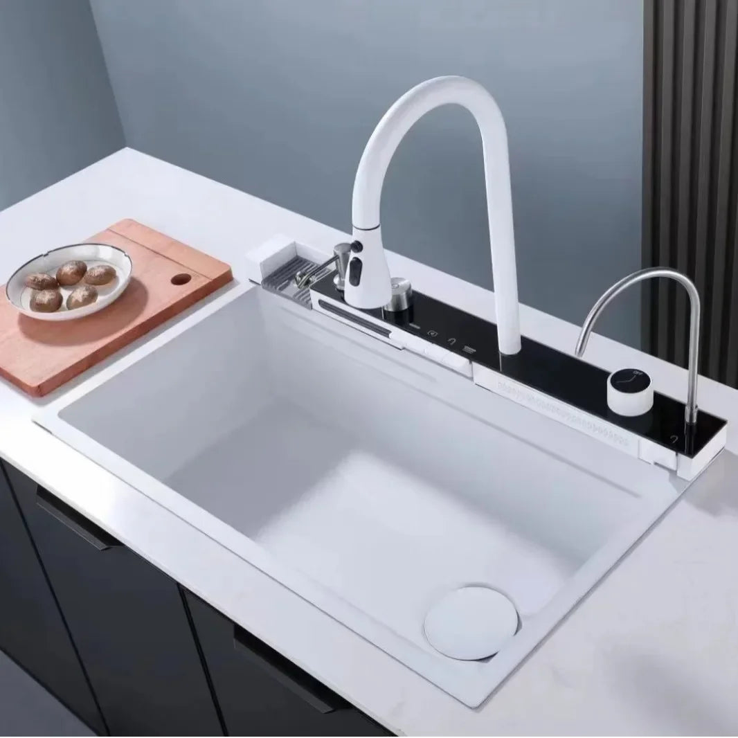 White Nano Multifunctional Kitchen Sink 304 Stainless Steel Large Single Sink Integrated Kitchen Digital Waterfall Faucet