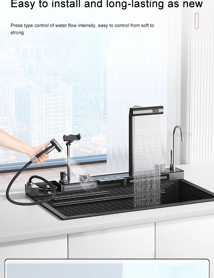 Waterfall Kitchen Sink  Single-Slot with intelligent Mobile phone holder Stainless Steel Pull-Out Faucet,Smart Honeycomb embosse