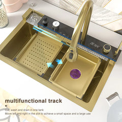 Golden Double Waterfall Sink Stainless Steel Kitchen Sink Embossed Large Single Slot Wash Basin Washing Pond For Kitchen