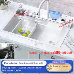 White flying rain waterfall sink integrated multi-functional large single slot 304 stainless steel vegetable washing sink