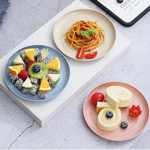 6 Reusable 6.9 Inch Straw Plastic Lightweight Salad Plates for Camping kitchen Dishes Dishwasher, Microwave Safe