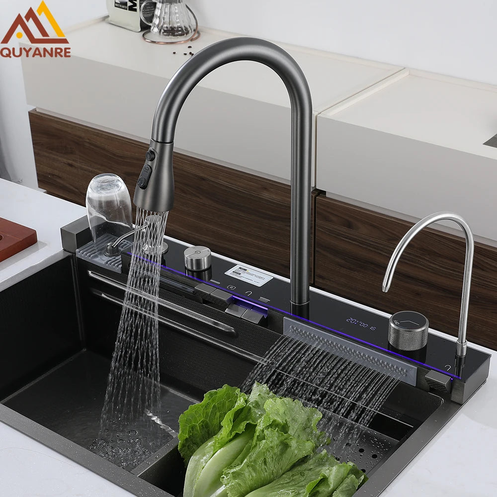 Nano Kitchen Sink 201 Stainless Steel Kitchen Waterfall Sink Digital Display Large Single Sink Dish Basin Sink With Faucet