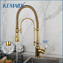 KEMAIDI Golden Spring Pull Down Kitchen Sink Faucet Hot & Cold Mixer Crane Tap with Dual Spout Deck Mounted Hot Cold Faucets