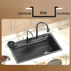 Waterfall Kitchen Sink Digital Display Single Bowl Kitchen Sinks Multifunctional Mordern Smart Sinks with Two Waterfall