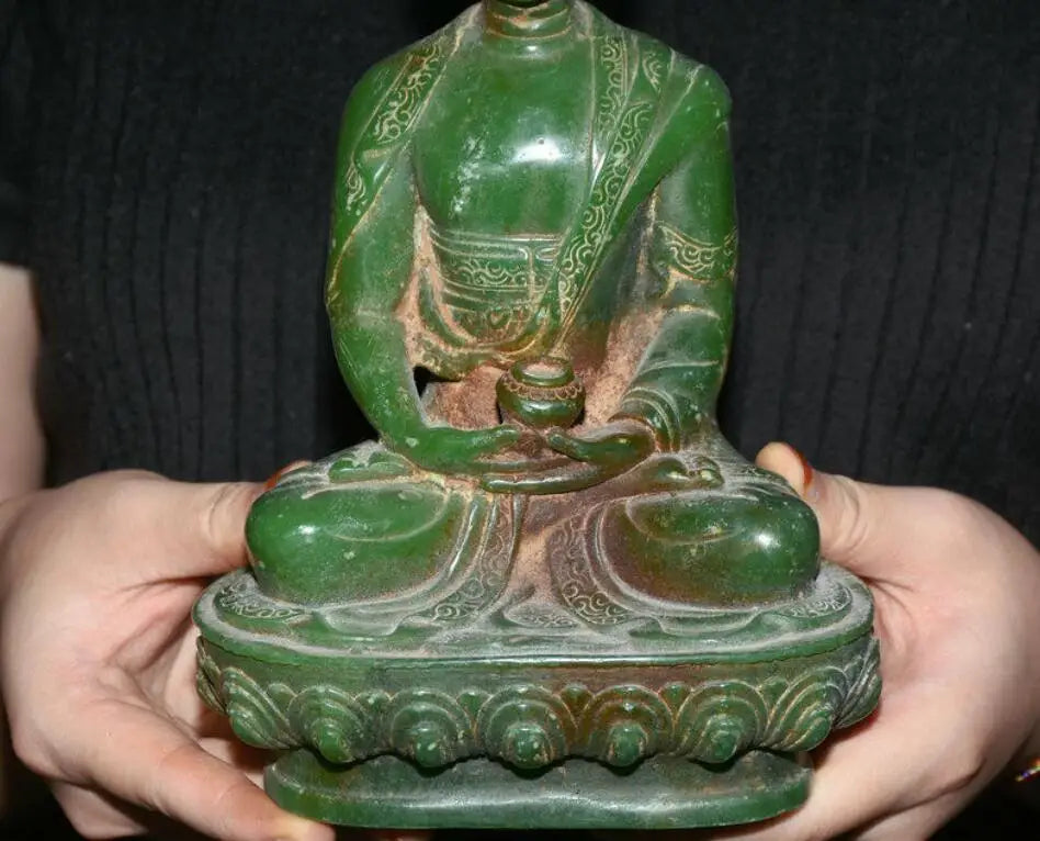 8.8" Old Natural Green Jade Carved Tibet Shakyamuni Amitabha Buddha Lotus Statue