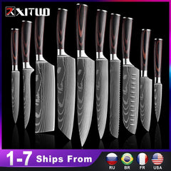 XITUO Kitchen Knife Set Meat Cleaver Chef Knives Stainless Steel Santoku Fruit Vegetable Knife Damascus Pattern Cooking Cutter