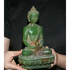 8.8" Old Natural Green Jade Carved Tibet Shakyamuni Amitabha Buddha Lotus Statue