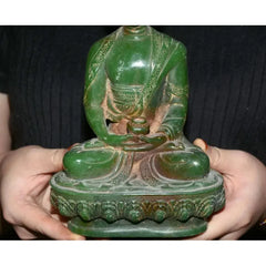 8.8" Old Natural Green Jade Carved Tibet Shakyamuni Amitabha Buddha Lotus Statue