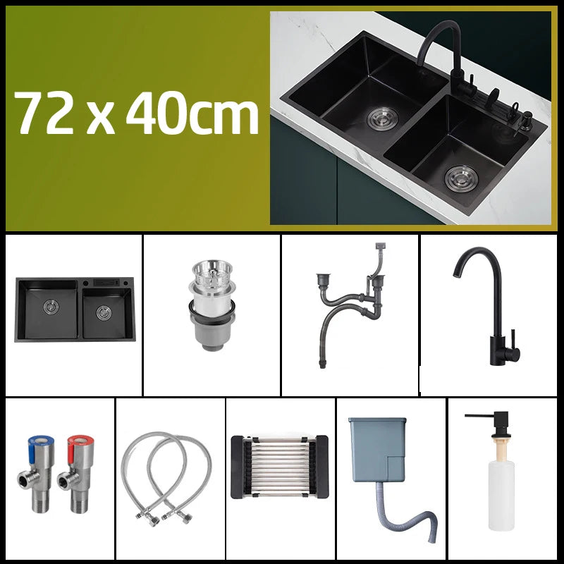 Large Black Washing Basin 304 Stainless Steel Kitchen Sink with Knife Holder Vegetable Double Bowel  With Faucet Thickened